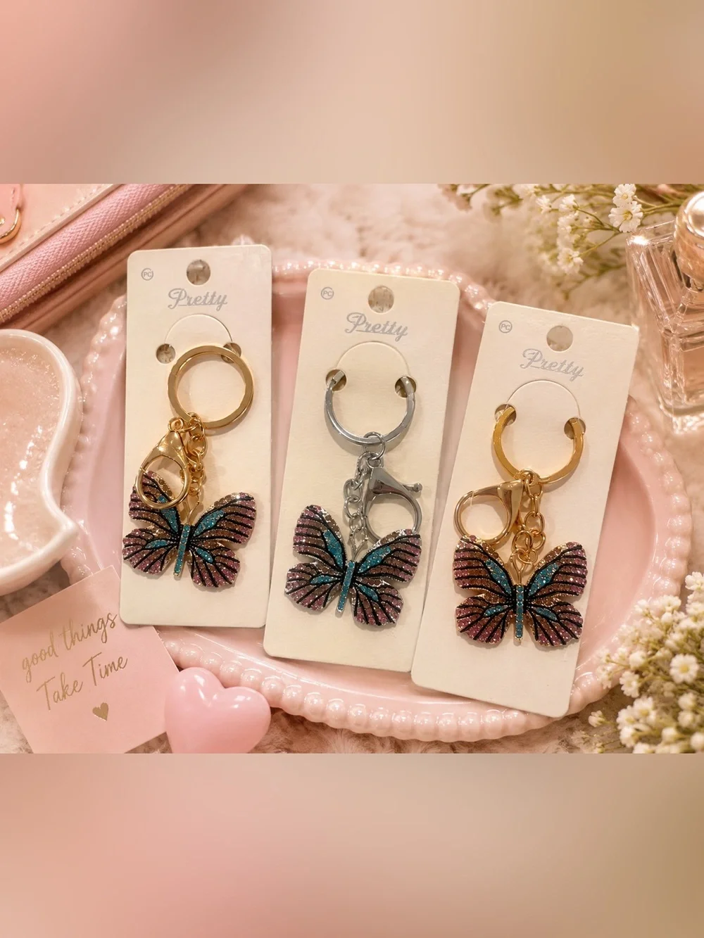 3 Pink & Teal Butterfly Keychains with Sparkle Rhinestones